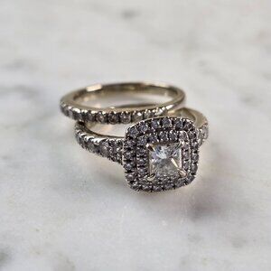 Womens Vintage Estate 14K White Gold Diamond Engagement Ring Set, 9.1g E3619
